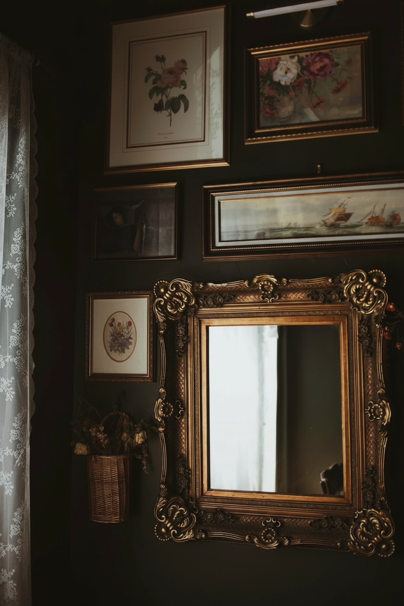 Wall with vintage mirrors and framed pictures in a dark room